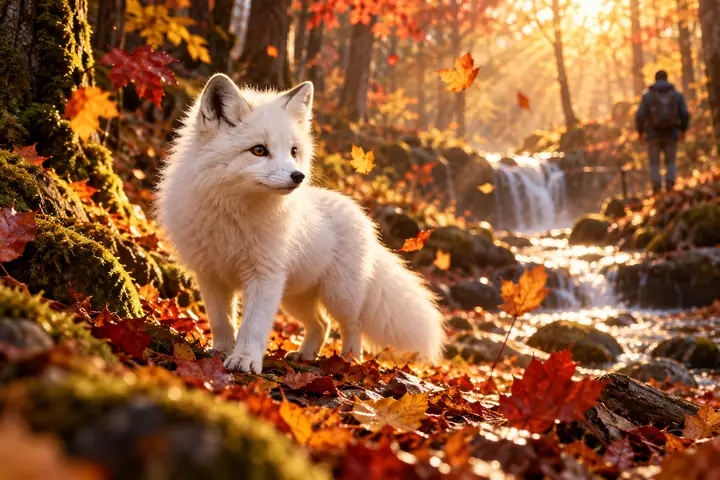 Kleiner weißer Fuchs in einem leuchtenden Herbstwald mit fallenden Blättern