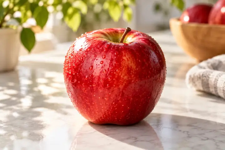 Leuchtend roter Apfel, fotografiert auf einer sauberen, sanft beleuchteten Oberfläche